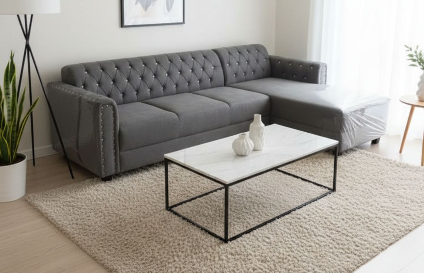 Sofa L Selonjor Senderan Kancing Dark Grey